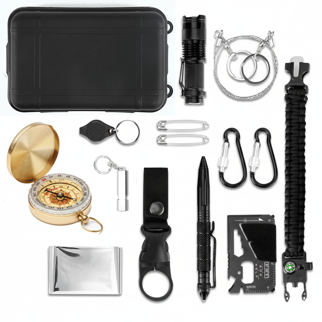 14-teiliges Überlebensset für Camping & Outdoor mit Kompass