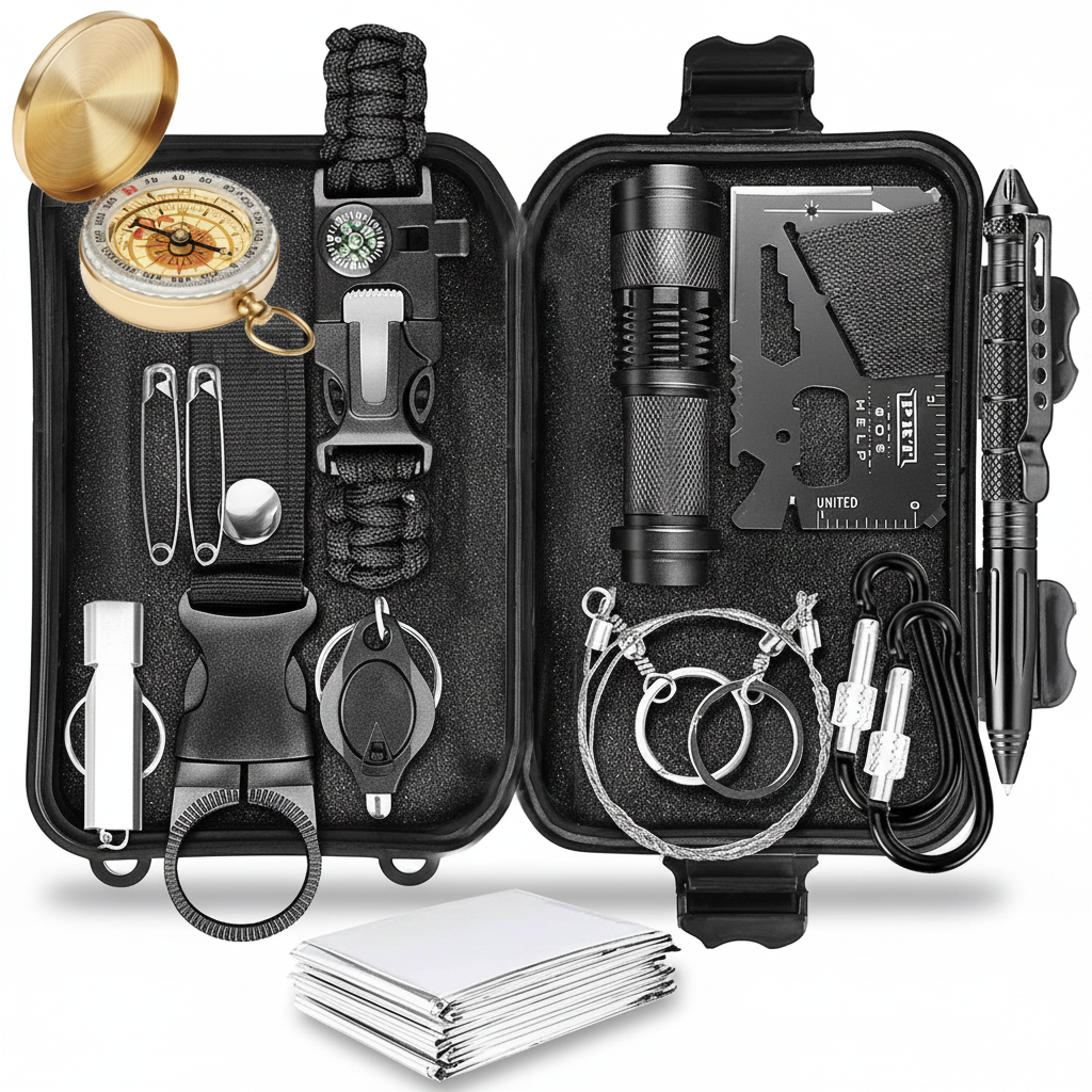 14-teiliges Überlebensset für Camping &amp; Outdoor mit Kompass