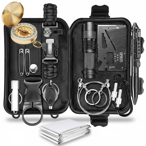 14-teiliges Überlebensset für Camping &amp; Outdoor mit Kompass