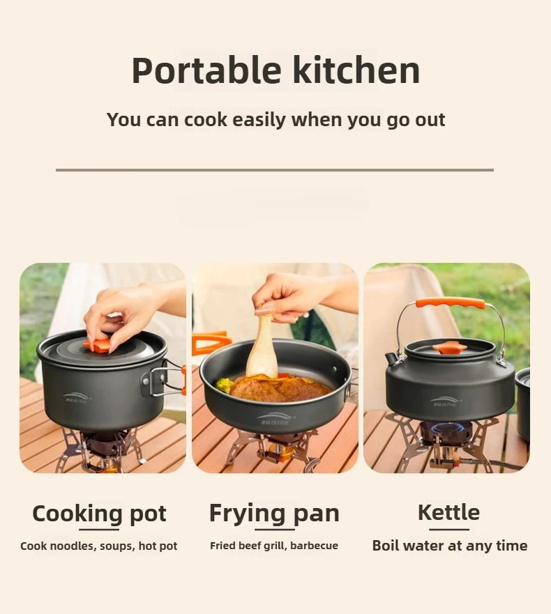 Complete camping kookset – potten, pan & waterketel