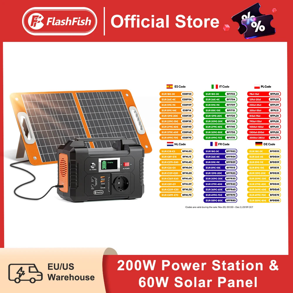 FF Flashfish E200 200W Portable Power Station 151Wh Solar Generator with 60W Foldable Solar Panel Battery Complete Kit Set